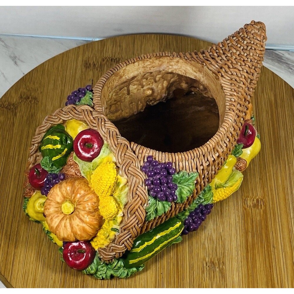 Vtg Colorful Cornucopia Hard Poly Tabletop Fruits Vegetable Thanksgiving Deco